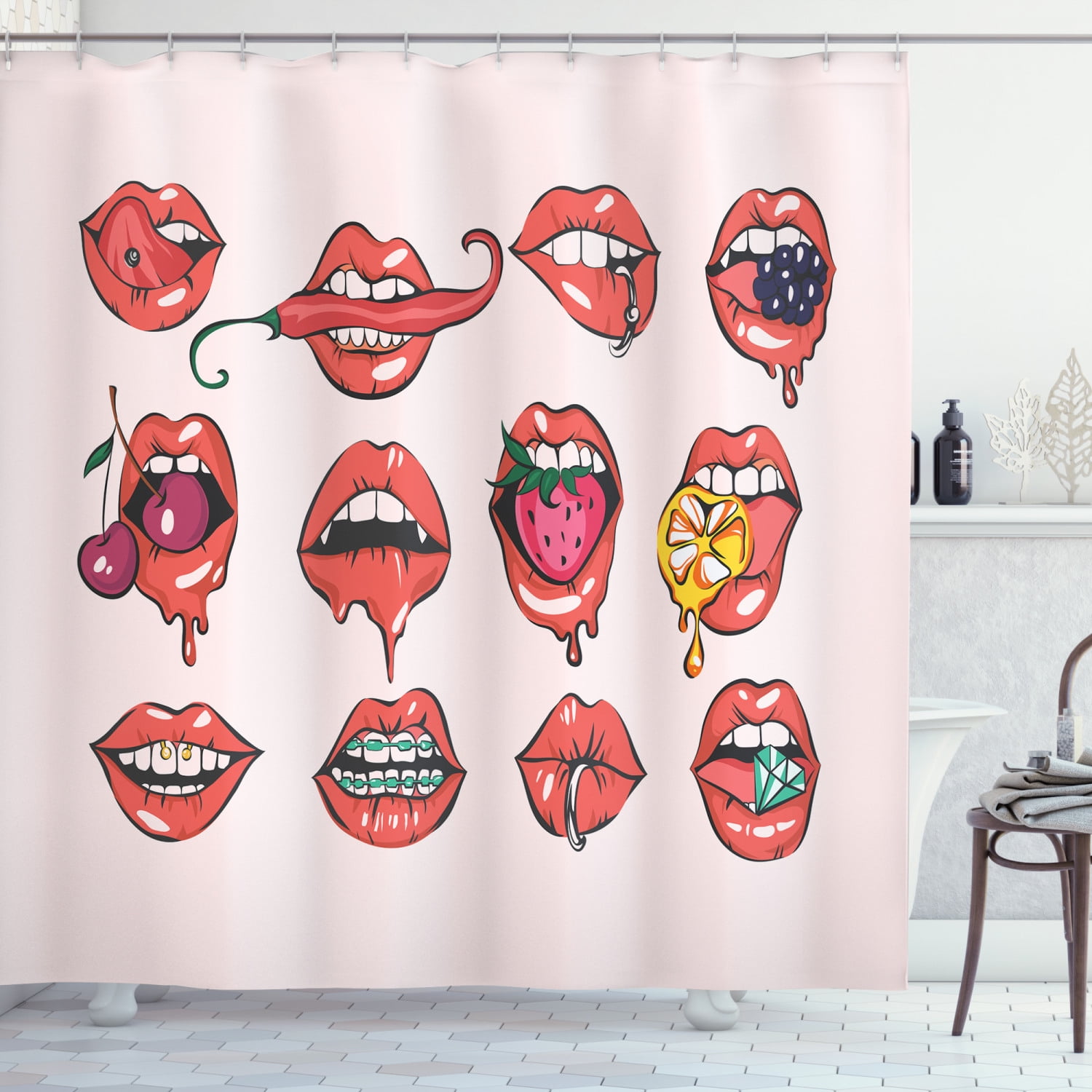 Red Lips and Tongue Get Naked Shower Curtain Set Bathroom Fabric Bath Curtains 
