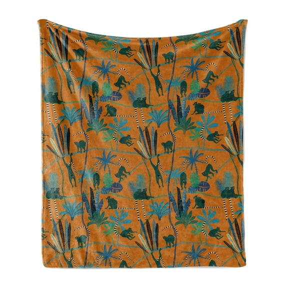Jungle Soft Flannel Fleece Blanket, Image of Funny Lemurs in the Wild Forest Playing Among Tree Branches, Cozy Plush for Indoor and Outdoor Use, 50" x 70", Dark Orange and Multicolor, by Ambesonne