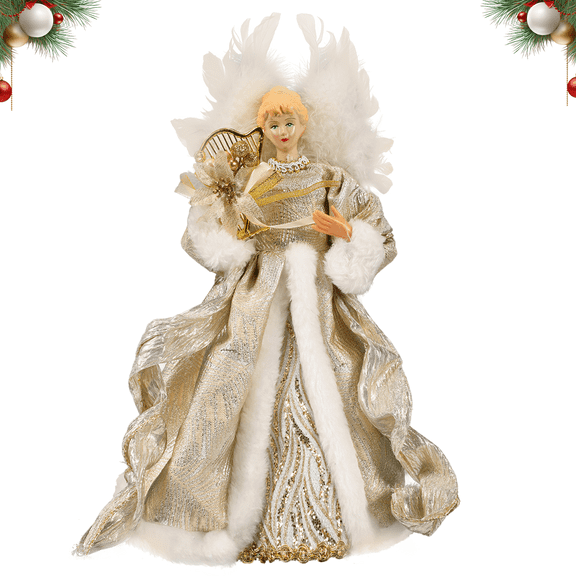Christmas Angel Tree Topper Angel Figurine Ornament with Feather Wings for Christmas Tree Xmas Party Home Holiday Decor