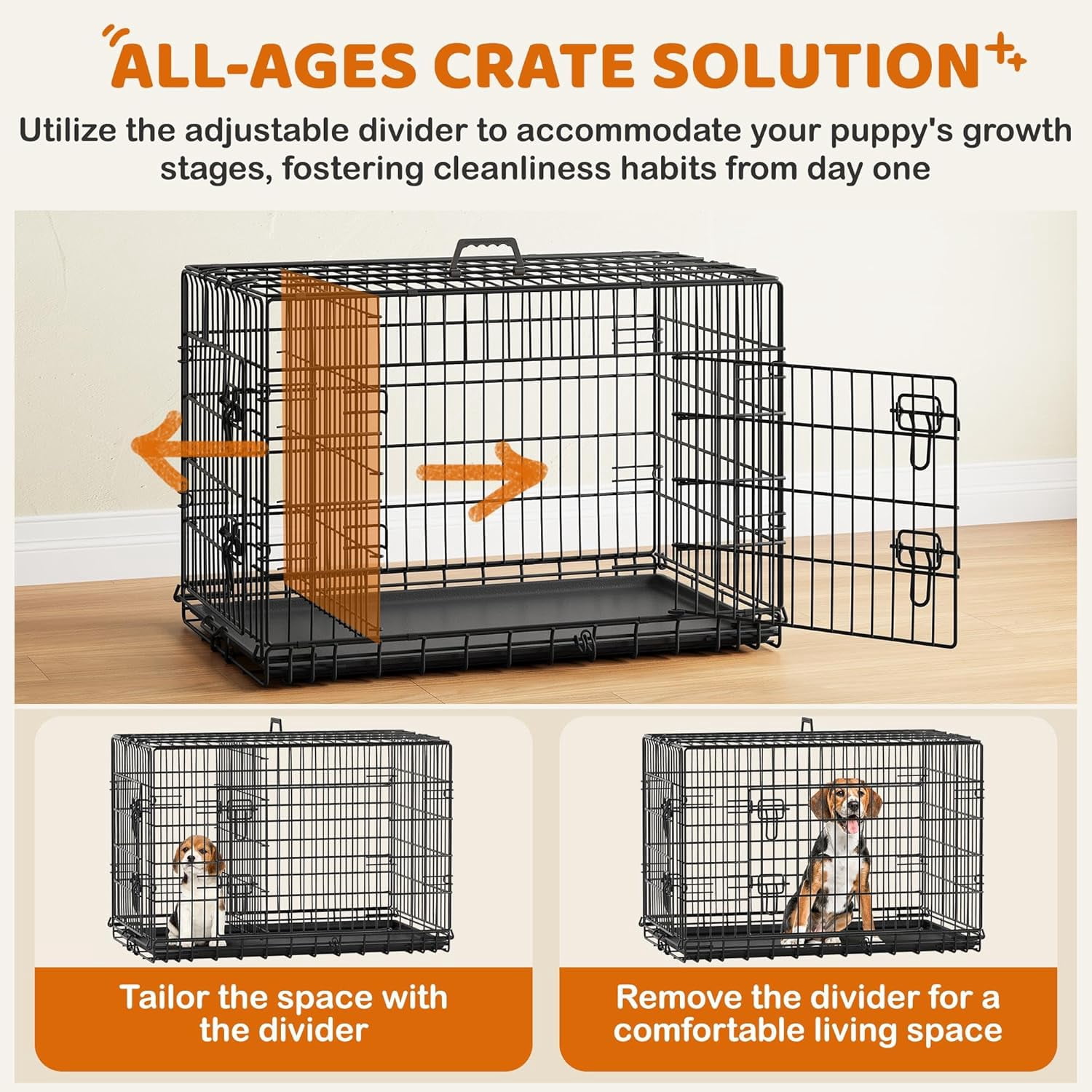 MorandiMal 36 inch Double Door Dog Crate w/Divider for Puppy, Collapsible Metal Dog Kennel with Removable Tray, Portable Travel Cage, Black