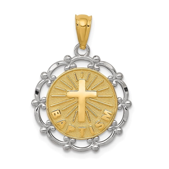 14k Yellow Gold Rhodium Plated Baptism Pendant - .9 Grams - Measures 18x16mm Wide
