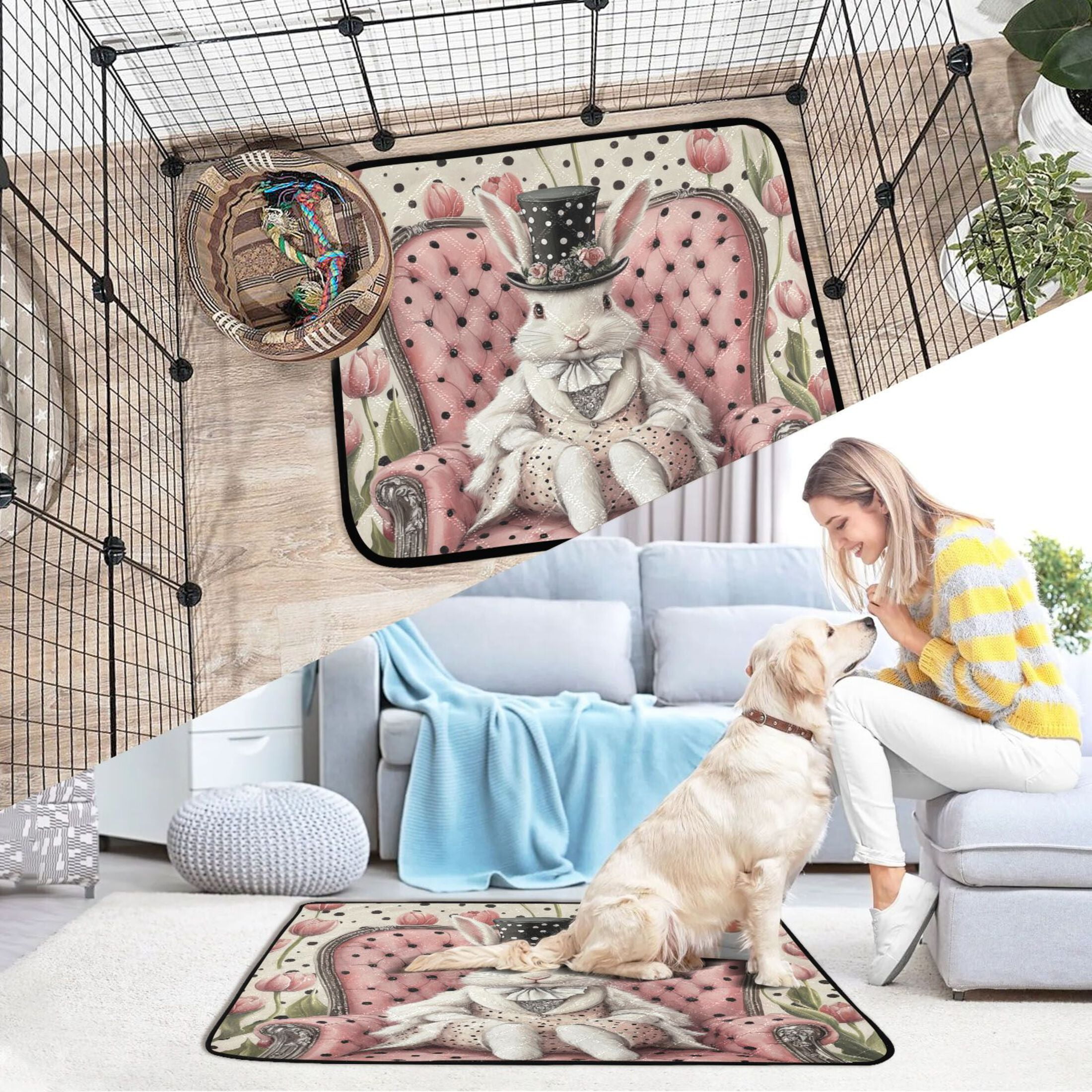 Qxltty Gentleman White Rabbit Cat litter Pads Pet Set of 2 Diaper Mats Center Anti-leakage Layer Absorbent Soft and Comfortable