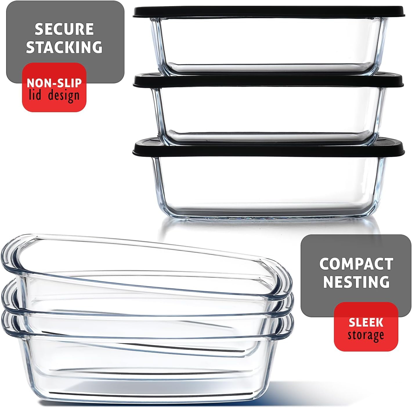Glass Bread Pans for Homemade Bread Baking, 1.9 Quart Deep Rectangular Glass Food Storage Containers with Lids, 3 Bread Loaf Pans 3 Airtight Lids Black BPA Free Microwave Oven & Freezer Safe