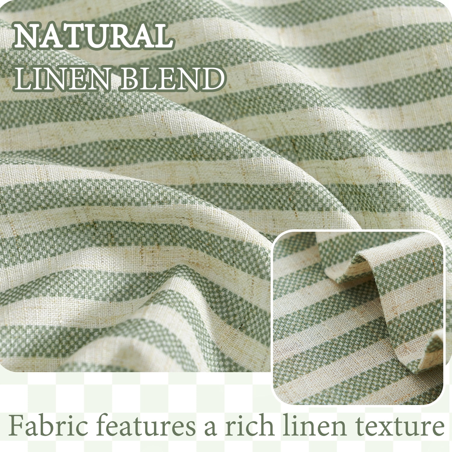 TOPICK Striped Kitchen Curtains and Valance Set 36 Inch Small Linen Curtains for Cafe Living Room Bathroom Farmhouse 3 Pieces Set Rod Pocket Green