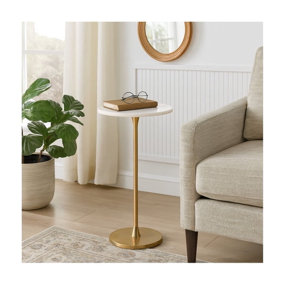 Glam End Table, Side Table, or Small Night Stand for Home Decor - Bold Metal Table with Luxurious Round Marble Top Ideal for Office, Bedroom, or Living Room - Sturdy Table for Small Spaces - 24" Gold
