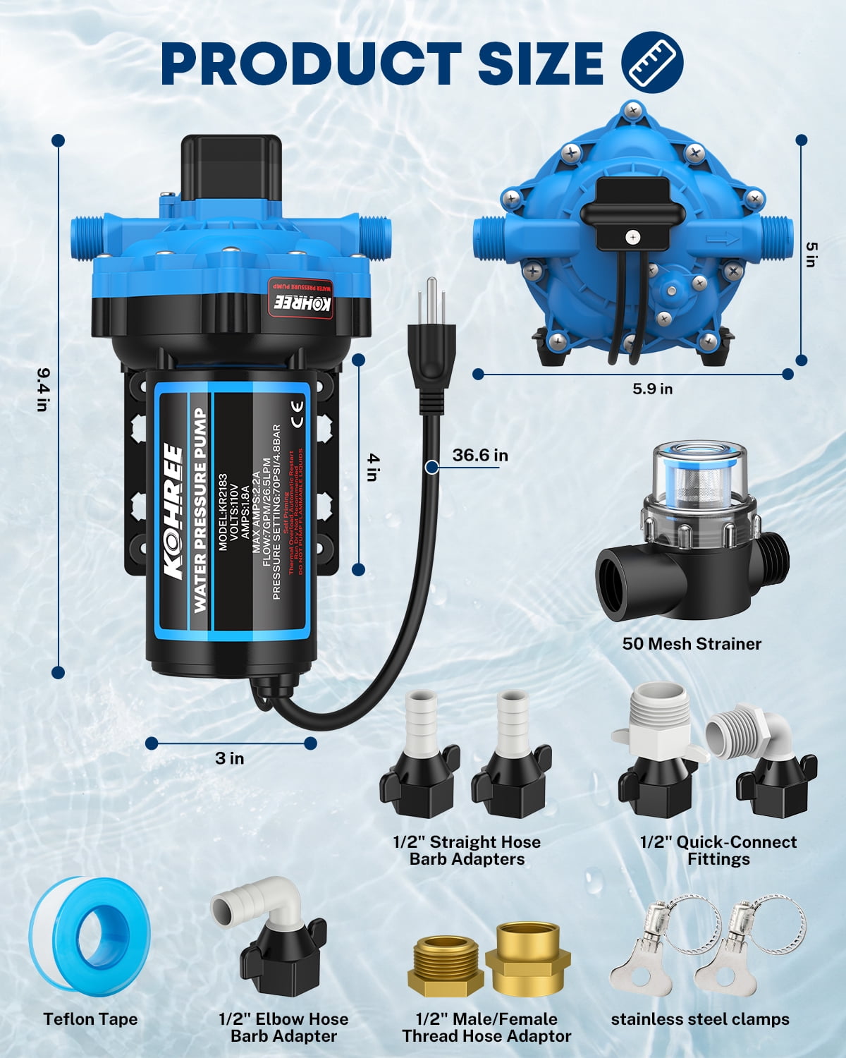 Kohree 110V AC Water Pressure Pump, 7GPM 70PSI Self-Priming RV Water Pump, On Demand RV Fresh 5-Chamber Diaphragm Water Pump, Pressure Switch & Strainer for Home, Garden, Marine, Off-Grid Use