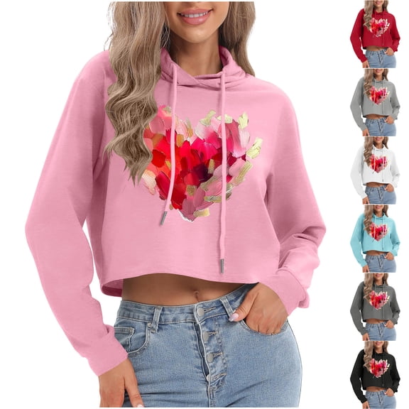 Xdegoge Womens Valentines Sweatshirt Long Sleeve Drawstring Hoodie Cute Playful Love Heart Print Pullover Casual Lightweight Trendy Cropped Hoodies