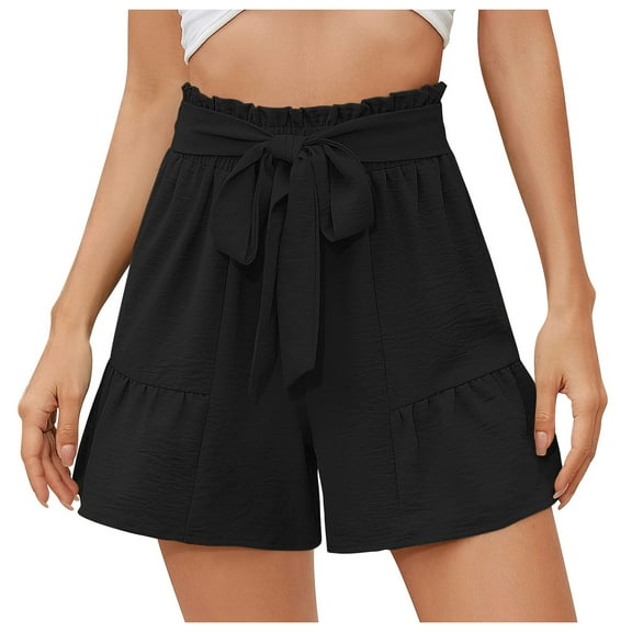 Women's Summer Shorts Lace-Up High Waist Solid Color Casual Loose Ruffle Wide Leg Short Pants