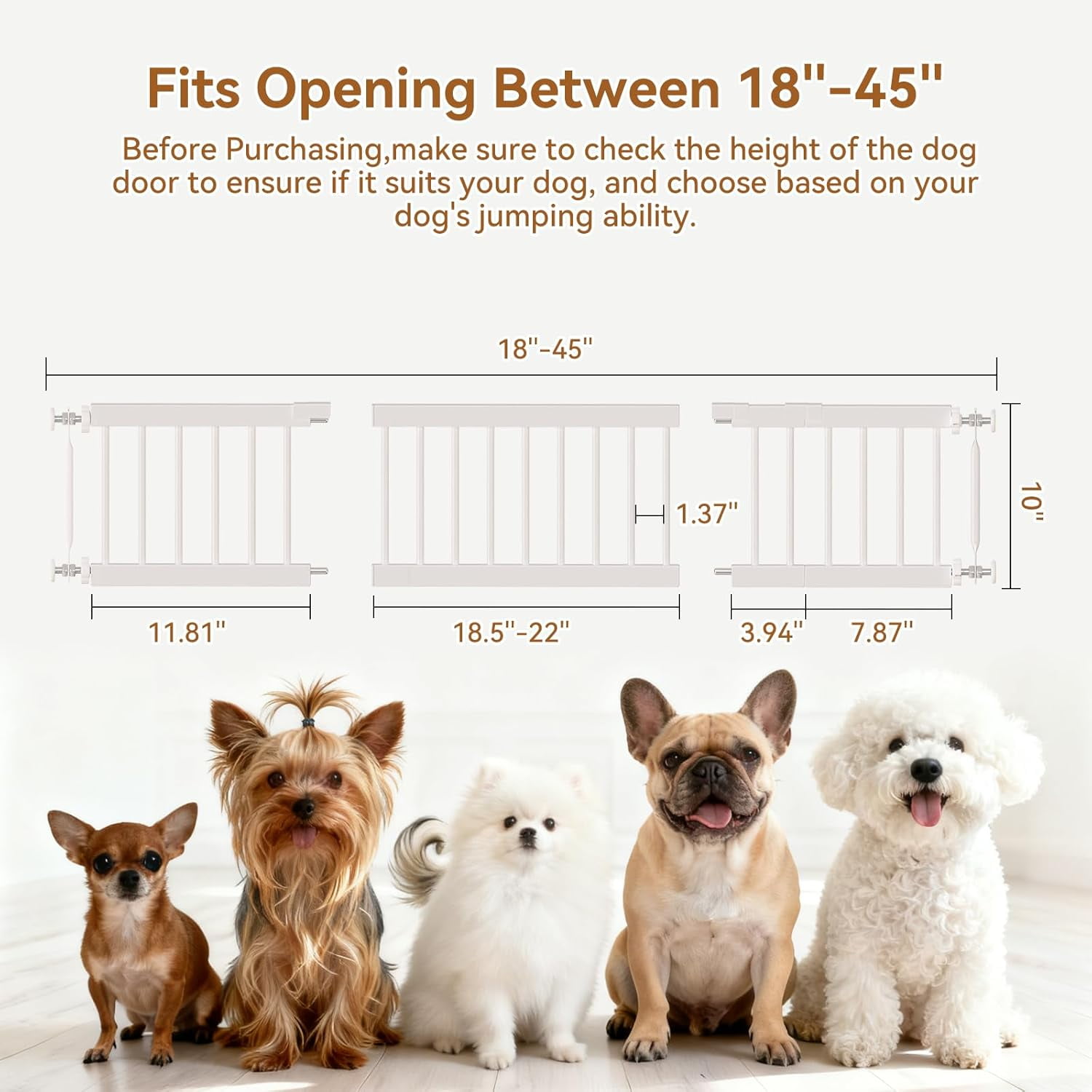 Dog Gate - 18"-45" Adjustable Extra Wide Metal Baby Gate to Step Over, 10" Tall Small Pet Gate with 3 Extension Kits, Pressure Mounted for Doorways & Stairs