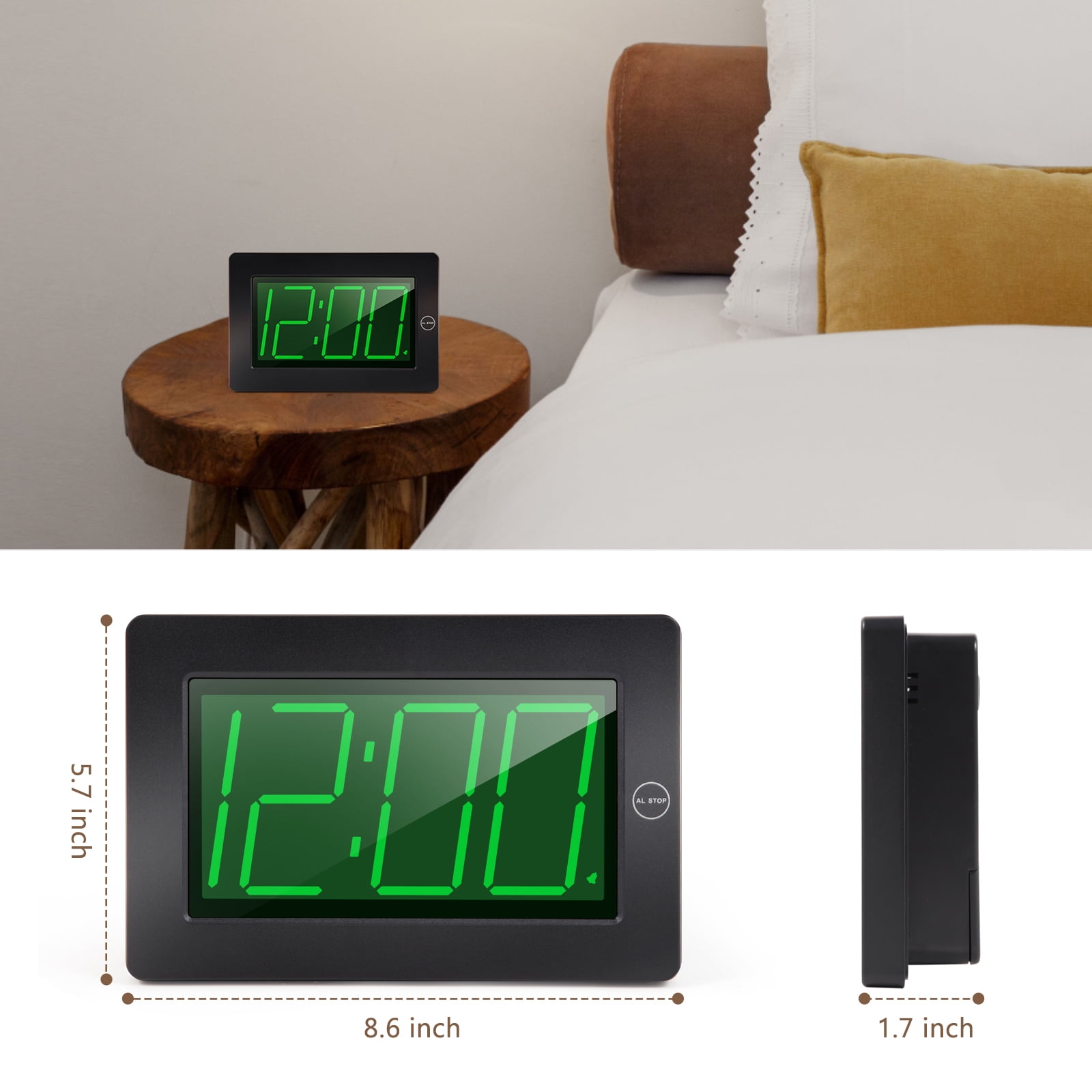Kwanwa 8" Digital Wall Clock, Alarm Clock Battery Operated, Auto Dimmer Mode, Tabletop, Bedroom, Living Room, Office