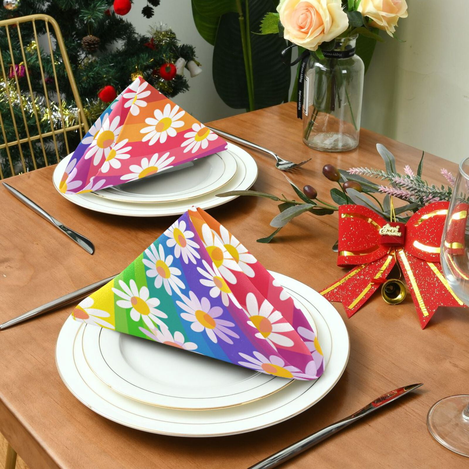 JSTEL Daisy Flower Rainbow Stripes Cloth Napkins Set of 6, 20x20 Inch Washable and Reusable Napkin for Decoupage Dinner Party Everyday Use