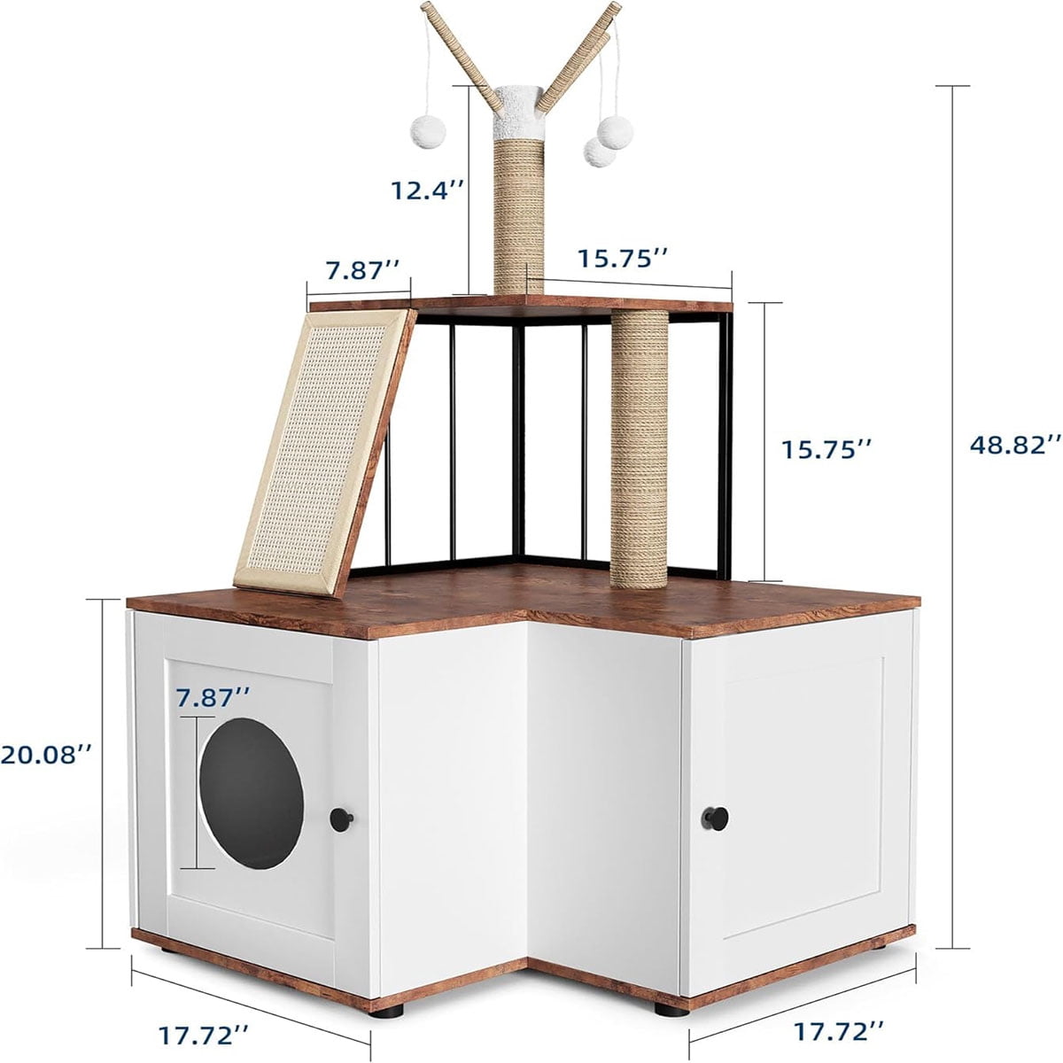 Danolapsi Cat Tree Litter Box Enclosure with Hidden Litterbox, Wood L-Shaped Corner Cat House Pet Furniture with Scratching Post Board Toy Balls and Play AreaLarge Tall Cat Tower for Indoor Cats