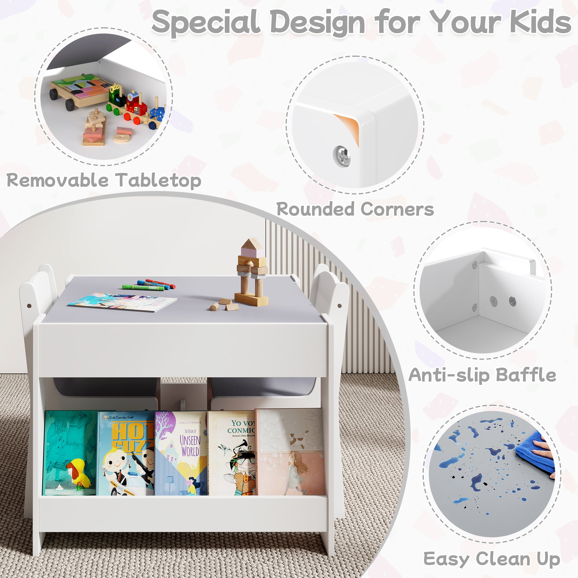 Kids Table and Chair Set, 3 in 1 Wooden Activity Table with Detachable Tabletop, Toddler Table and Chair Set with Storage Drawer, Kids Play Table for Children Art, Craft, Eating, Learning