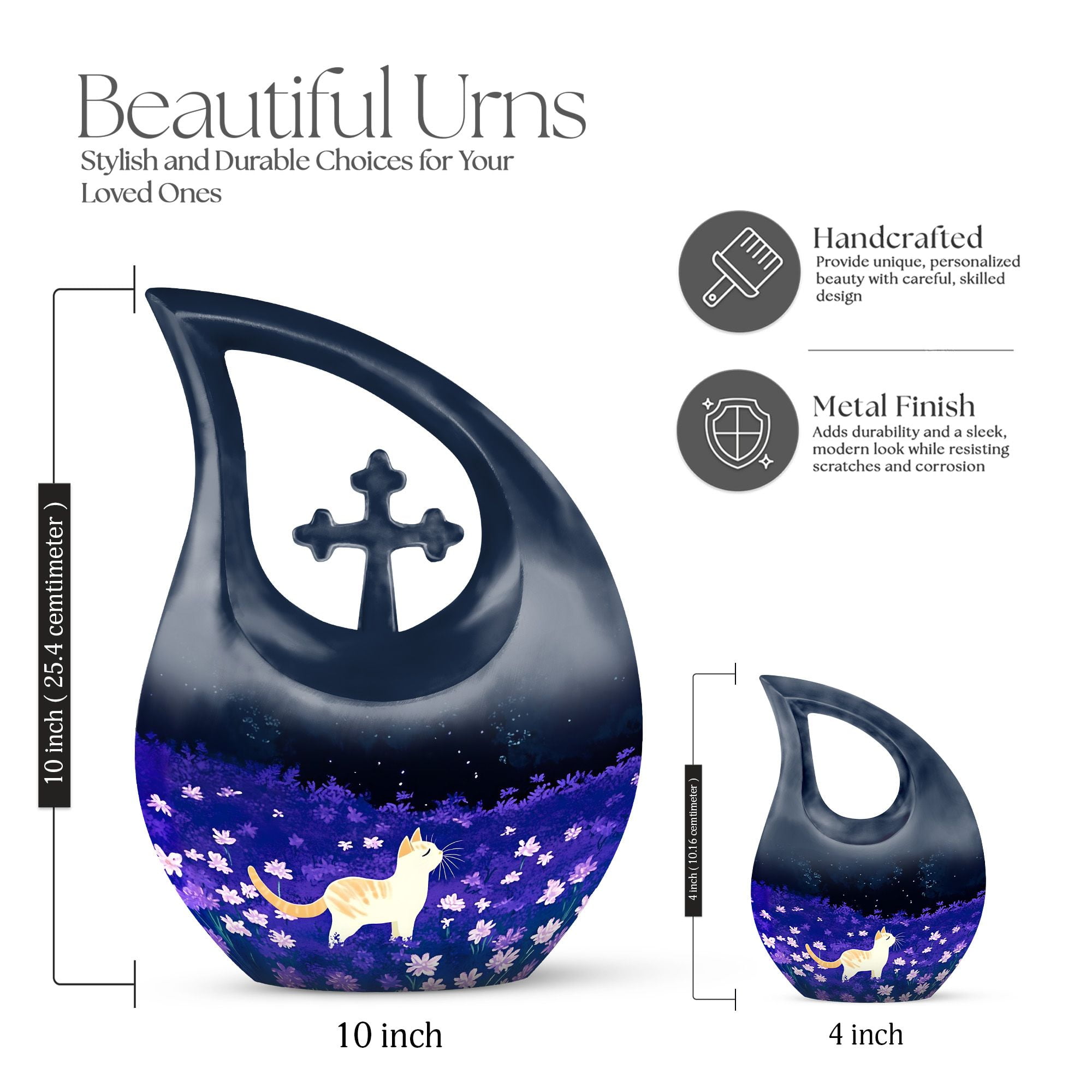 MUKTIVE White Cat Cremation Urn for Human Ashes Adult Mother & Father - Blue Cross Drop Urns for Burial - Memorial Flowers Large Urn for Men & Women (10 Inch)