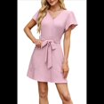 thumbnail image 3 of Vestido Camisero Informal de Verano para Mujer, con Botones y Cuello en V, Mangas Abullonadas Rosa L, 3 of 10