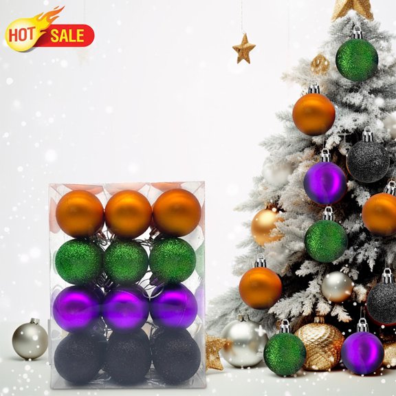 Qocolcyl 24 Pcs Halloween Glitter Balls Ornaments, Halloween Shatterproof Hanging Balls, Black Orange Purple Green Shiny Ball Tree Ornaments for Halloween Christmas Party Tree Decoration