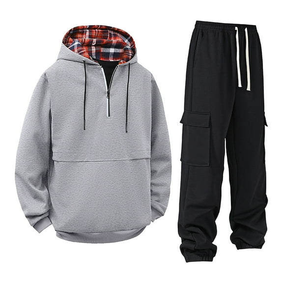 YueHuiYing Men's Winter Multi Pocket Zipper Sweatshirt 2 Piece Set Personalized Sweatpants Casual Sweatsuits Hoodie