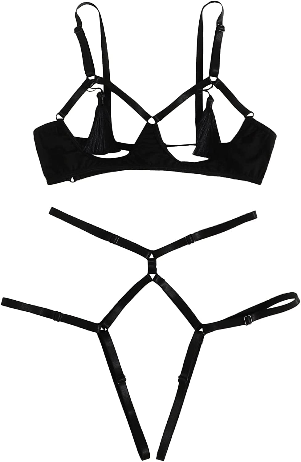 Sehao Women Clothing Sexy Underwire Push Up Strappy Embroidered Mesh Sheer  Lingerie Set For Women Bra Lace Black 