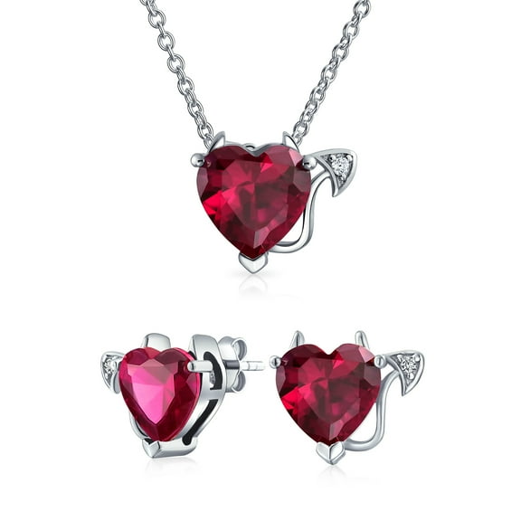 Bling Jewelry Womens Whimsical Ruby Red CZ Devil Heart Stud Earring Pendant Jewelry Set .925 Silver