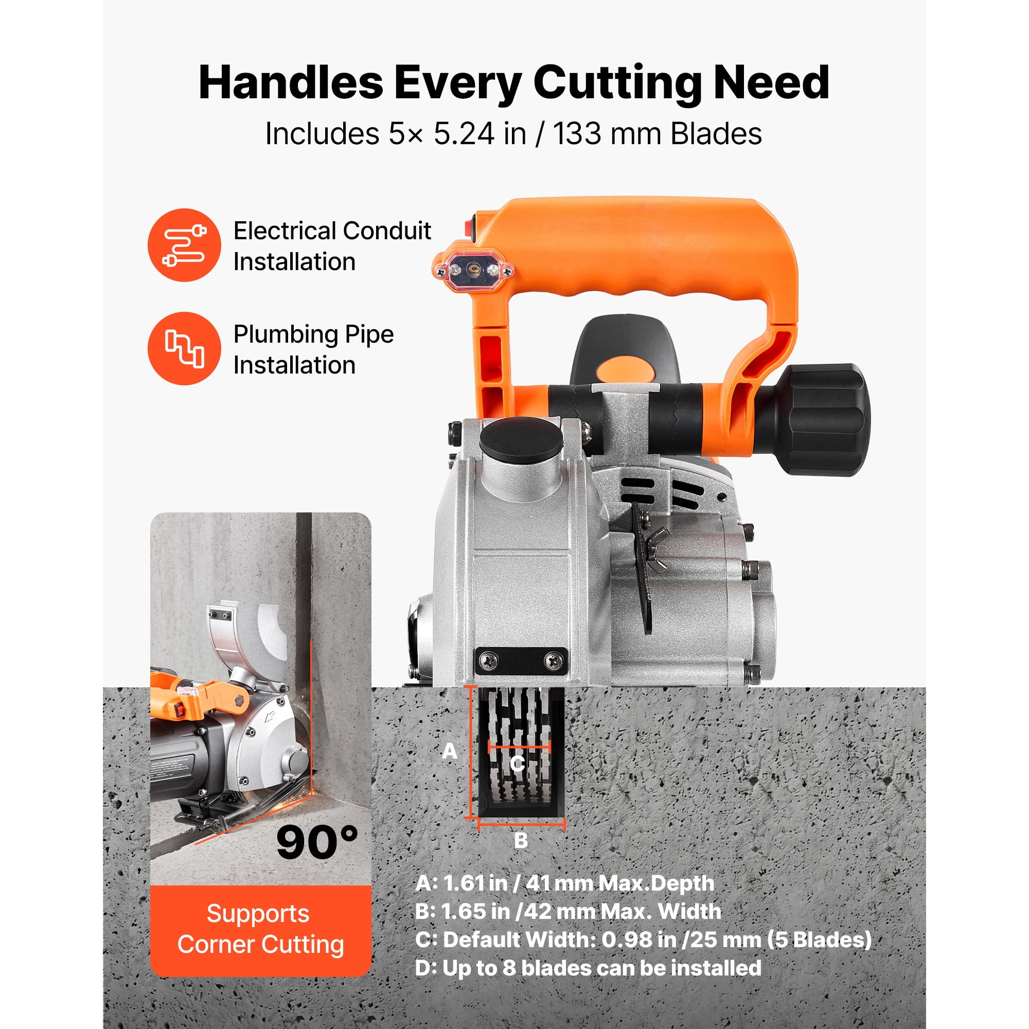 KFFKFF Electric Wall Groove Cutting Machine, 4800W Power, 6800 RPM Speed, Concrete Slotting Tool with Guide Line, 5 Blades, Adjustable Handle for Brick and Concrete Applications