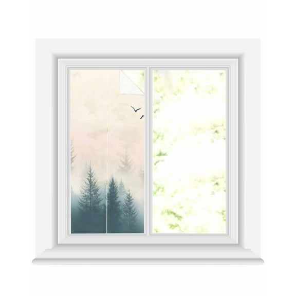 Window Privacy Film Foggy Forest Stained Glass Window Film Decorative Sun Block Window Cover Watercolor Pine Trees Natural Landscape Window Clings Static Adhesive Sticker for Bathroom 19.6"x39.3"