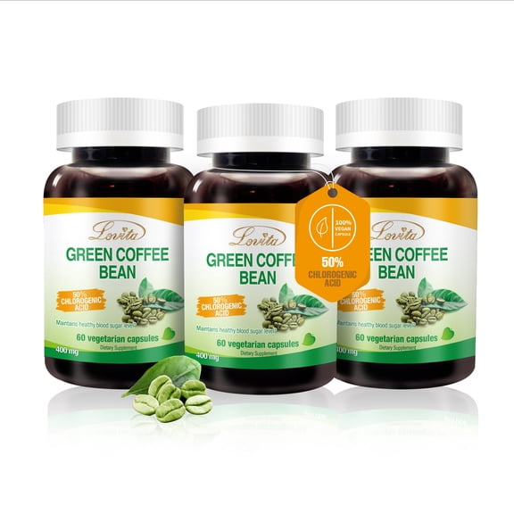 Lovita Green Coffee Bean Extract 1600mg equivalent, 4:1 Extract with 50% Chlorogenic Acids, 60 Vegetarian Capsules (2 Month Supply) (Pack of 3)
