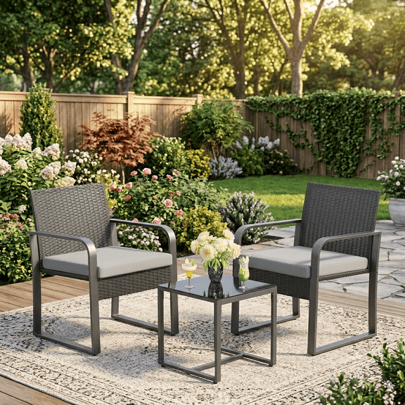 3 Pieces Patio Conversation Set, Lofka Outdoor PE Rattan Patio Porch Furniture Set with 2 Chairs, Glass Coffee Table & Soft Cushions for Garden/Deck/Courtyard/Poolside, Gray