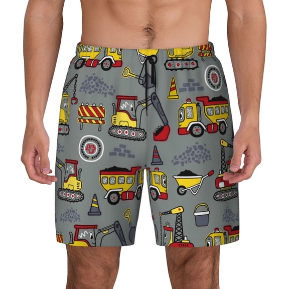Kdxio Funny Construction Print Men'S Swim Trunks With Compression Liner 7 Inch Inseam Quick Dry Swim Shorts