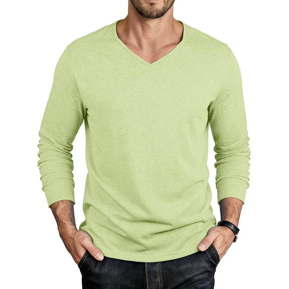 Men's Casual Solid Color V Neck Pullover Shirt Faddish Long Sleeve Soft Casual Basic T Shirts Lightweight Slim Fit Sports Shirt