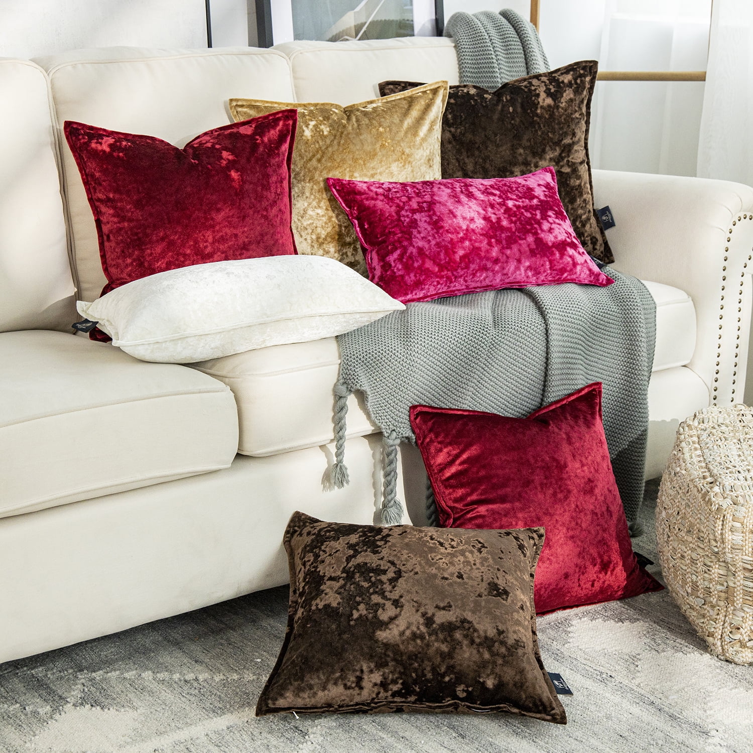 Phantoscope Patterned Velvet Tailored Edge Decorative Throw Pillow, 18" x 18", Light Brown, 2 Pack