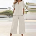thumbnail image 2 of Women's Cotton Linen Short Sleeve Wide Leg Cropped Pants Suit, 2 of 7