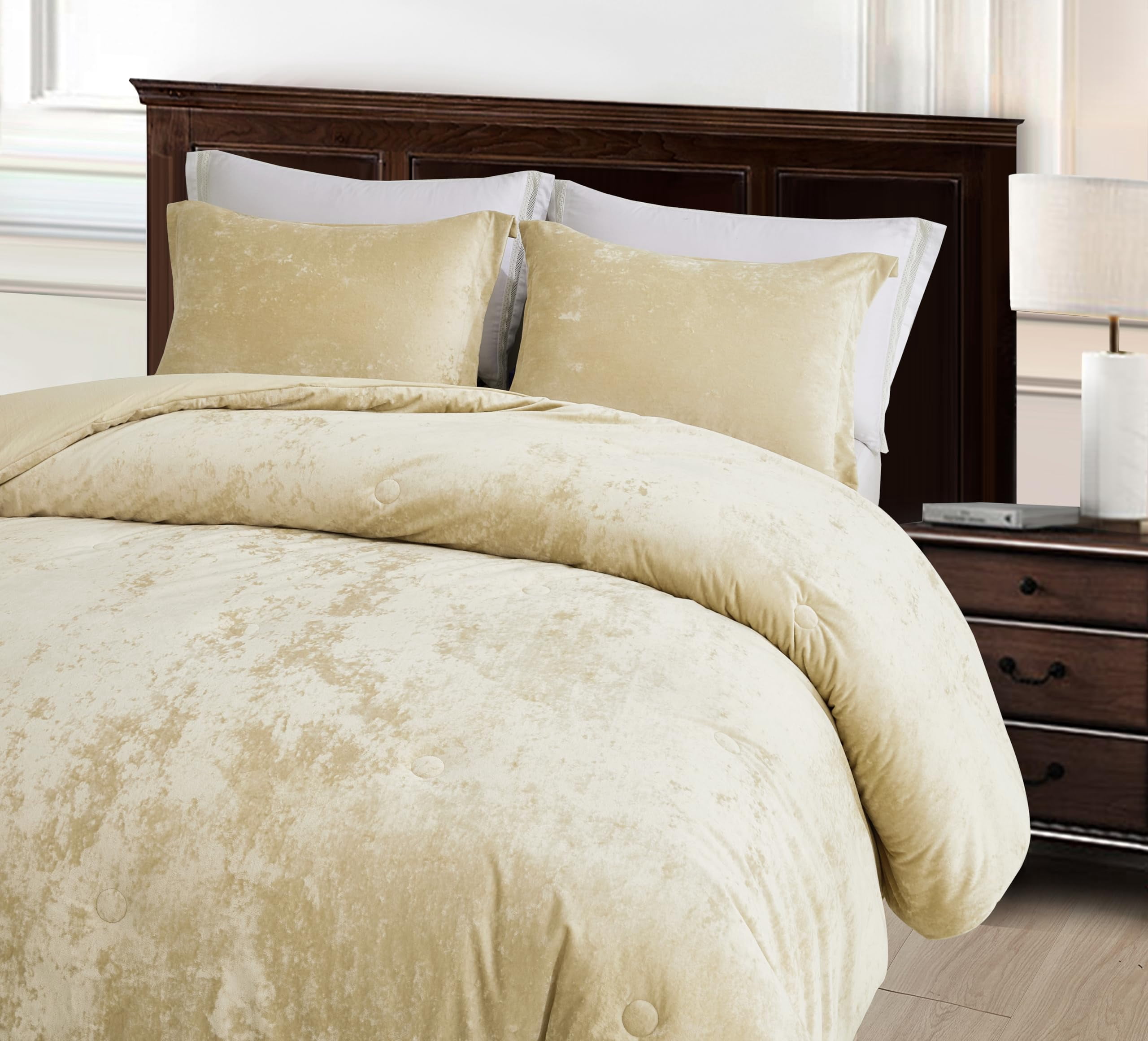 Chezmoi Collection Lux 3-Piece Beige Velvet Comforter Set King Size, All Season Lush Plush Velvet Bedding Set with Soft Washed Microfiber Reverse