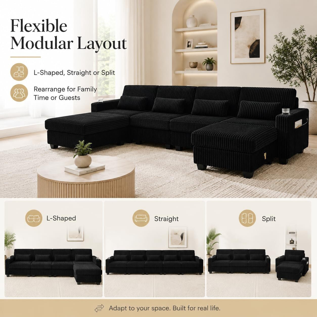 Howcool 125" 5 Seat Modular Sectional Sofa, L Shaped Deep Seat Cloud Couch with Movable Ottoman, Corduroy Sofa with Cup Holders & Lumbar Pillows for Living Room, Black