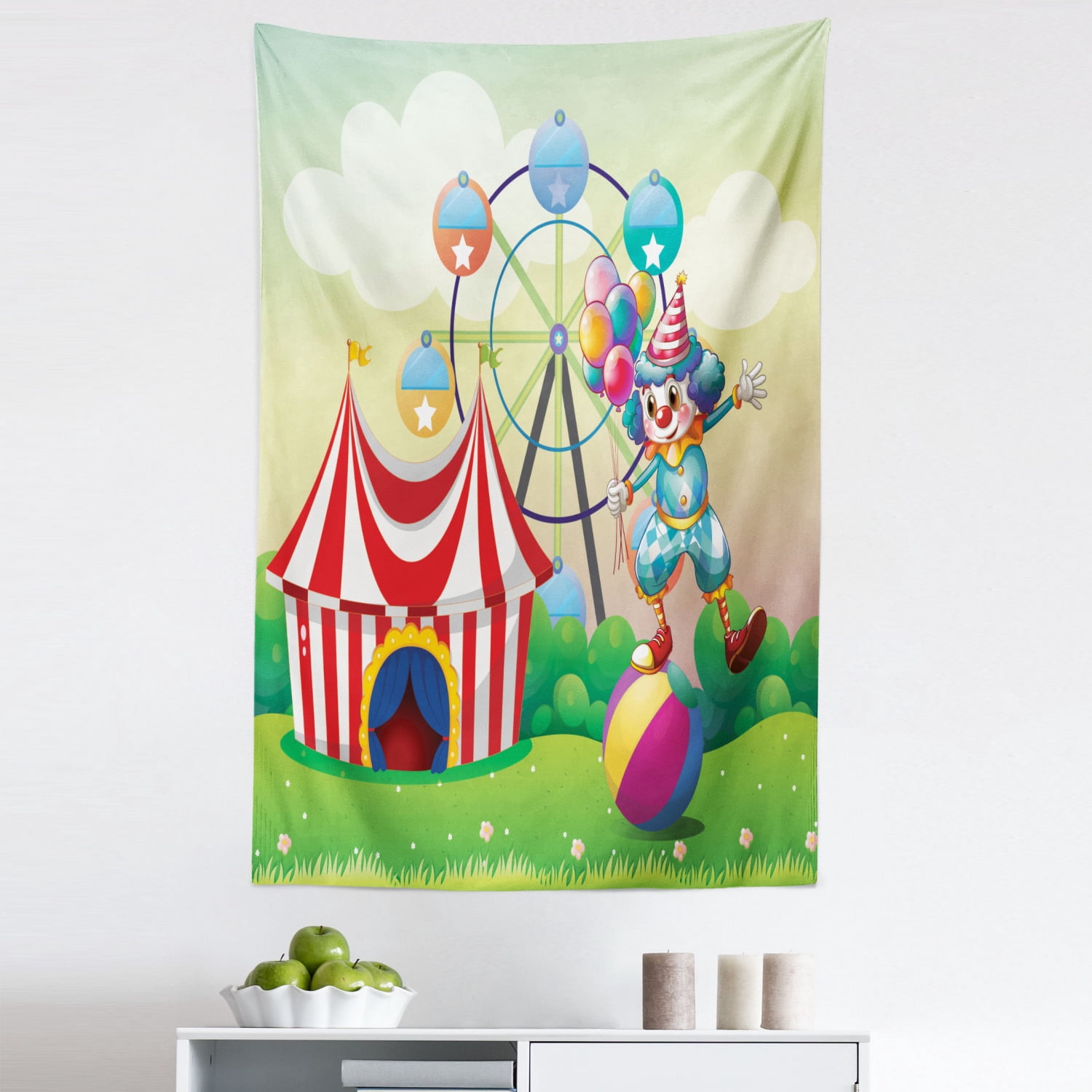 Colorful Tapestry, Illustration of a Clown Balancing Above an ...