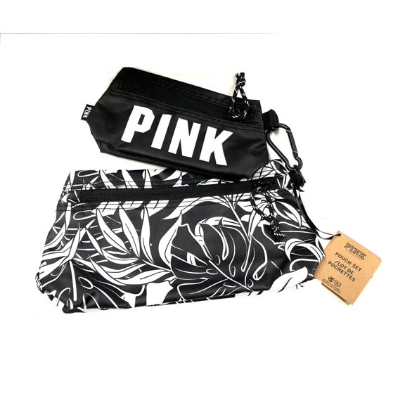 Victoria's Secret Pink Black White Logo Tropical Cosmetic Pouch 2 Piece Set Detachable NWT