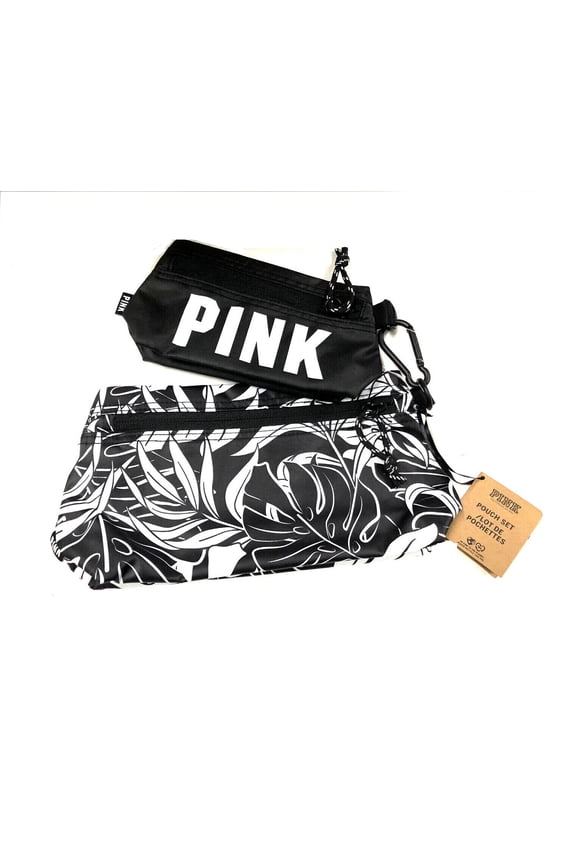 Pink Black White Logo Tropical Cosmetic Pouch 2 Piece Set Detachable NWT