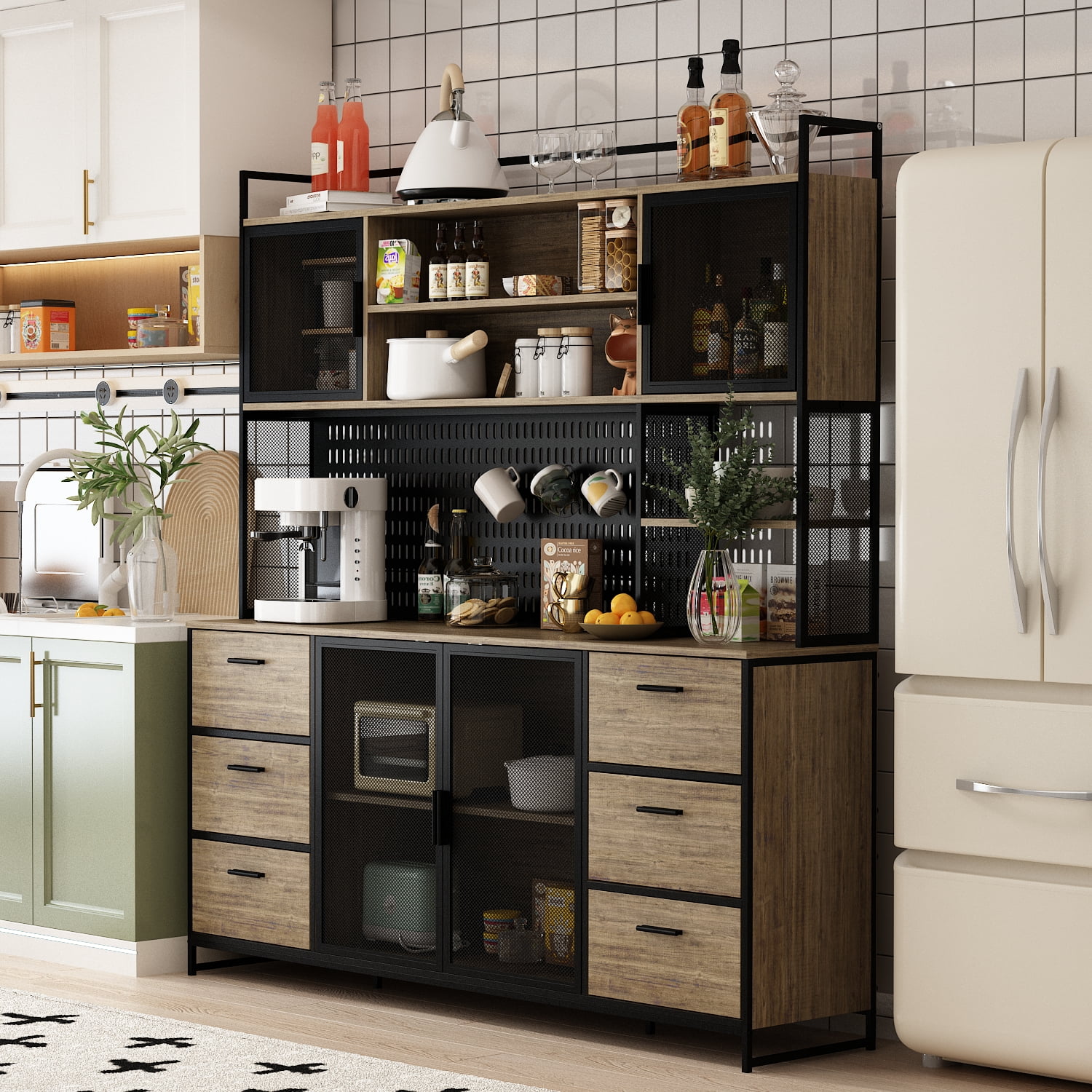 OXYLIFE Kitchen Food Pantry Storage Cabinet with 6 Shelves, 6 Drawers, DIY Board and Mesh Doors for Kitchen, Brown