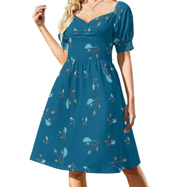 Flores Azul Naranja 1 Vestido de manga corta Vestidos de mujer Vestido de mujer