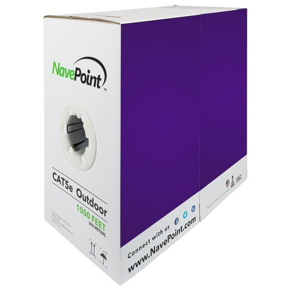 NavePoint CAT5e Outdoor Direct Burial Rated, 1000ft, Solid Conductor, Black, Bulk Ethernet Cable, 24AWG 4 Pair, Unshielded Twisted Pair (UTP)