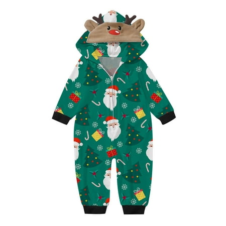 

Family Matching Outfits Christmas Long Sleeve Cute Deer Head Hoodie Jumpsuit Soft Zipper Romper Sleepwear Holiday Family Gathering Casual Pajamas Set Green 3 months - 6 months