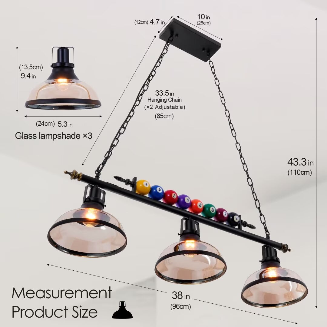 FINE MAKER Black Metal Ball Design Billiard Chandelier, Pool Table Lighting Pendant Light with 3 Glass Shades for Game Room Beer Party 7' - 8' Table
