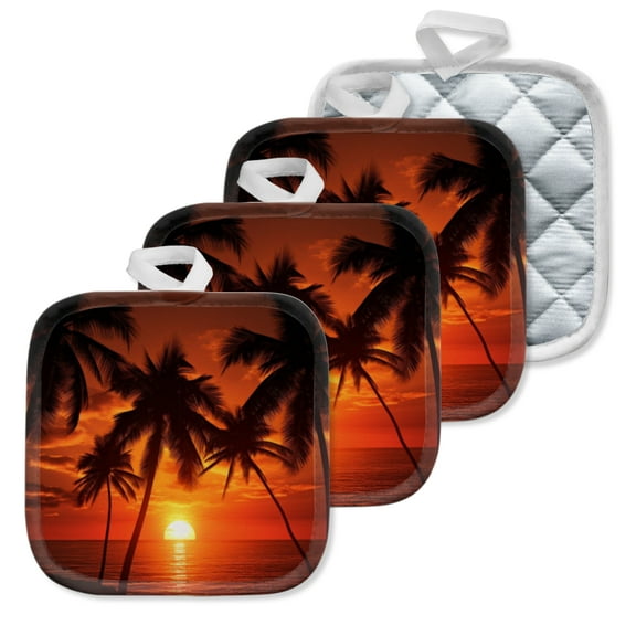 4 Pack Pot Holders,Kitchen Essential, Potholder Set,Sunset By The Sea With Coconut Trees
