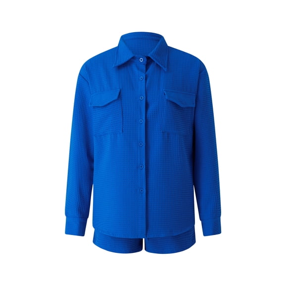 Sunloudy - Traje de 2 uds para mujer, cuello vuelto de color sólido, camisa de manga larga con botones y pantalones cortos con cordón elástico Sunloudy moda