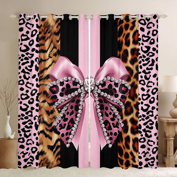 Erosebridal Personalized Leopard Bowknot Black Out Curtains,Pink Cheetah Print Kids Curtains Pack of 2 (42x63 Each)