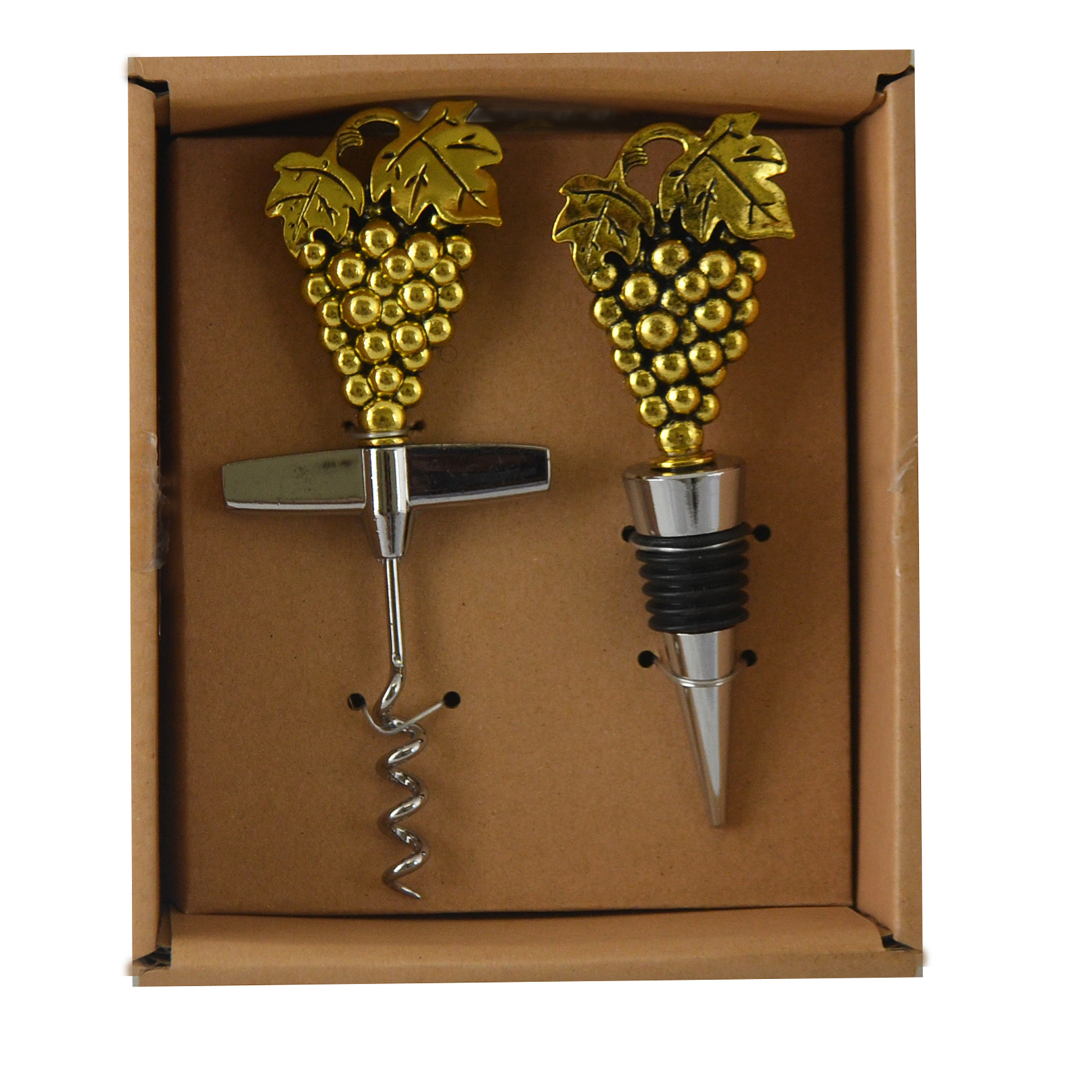 Gold Grape Corkscrew and Wine Bottle Stopper Gift Set