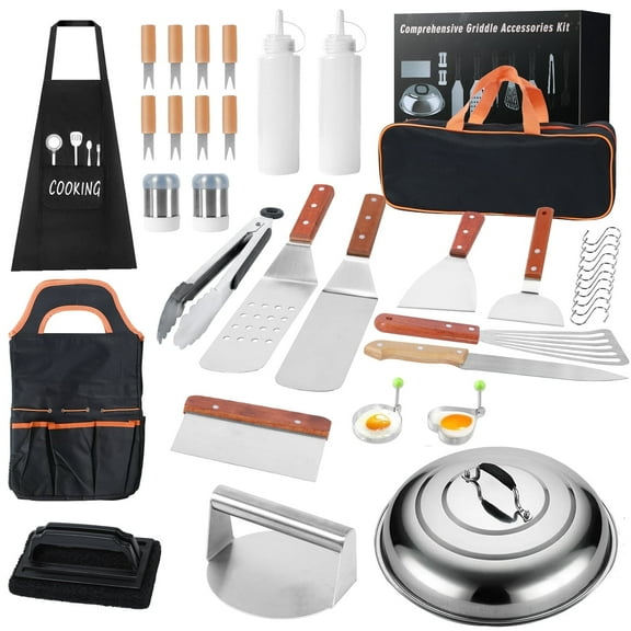 37Pcs Flat Top Griddle Tools Set with Long/Short Spatulas Scraper & Basting Cover - Stainless Steel Grill Cooking Kit for Teppanyaki Camping - Complete Griddle Accessories Kit for Men Women