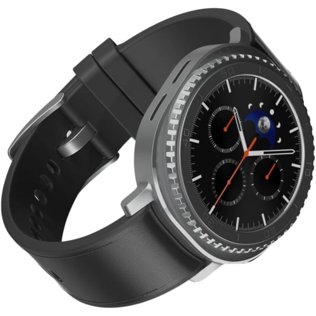smartwatch samsung galaxy watch 8 classic (2025) 46 mm Silver 46 mm stainless steel Galaxy Watch 8 Classic with tactile rotating bezel, black strap, Quick Button at 2 o'clock and 1.34-inch Super AMOLED round display showing three chronograph subdials and orange hands; angled 3/4 studio view highlights squircle case and textured bezel under sapphire glass. Often used for stress and sleep monitoring and running guidance; Bluetooth-only model.