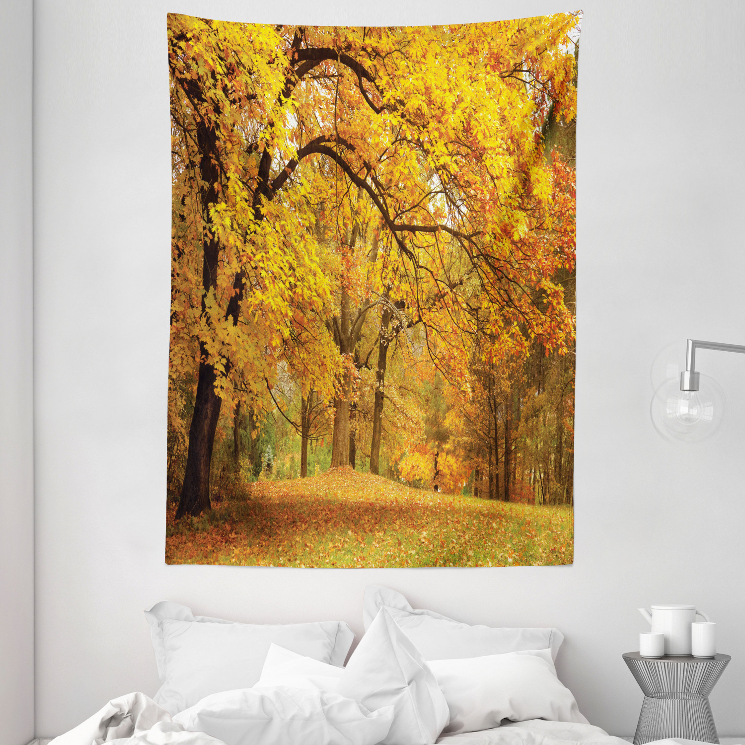 Farm House Decor Wall Hanging Tapestry, Gold Fall Scenery with Pale