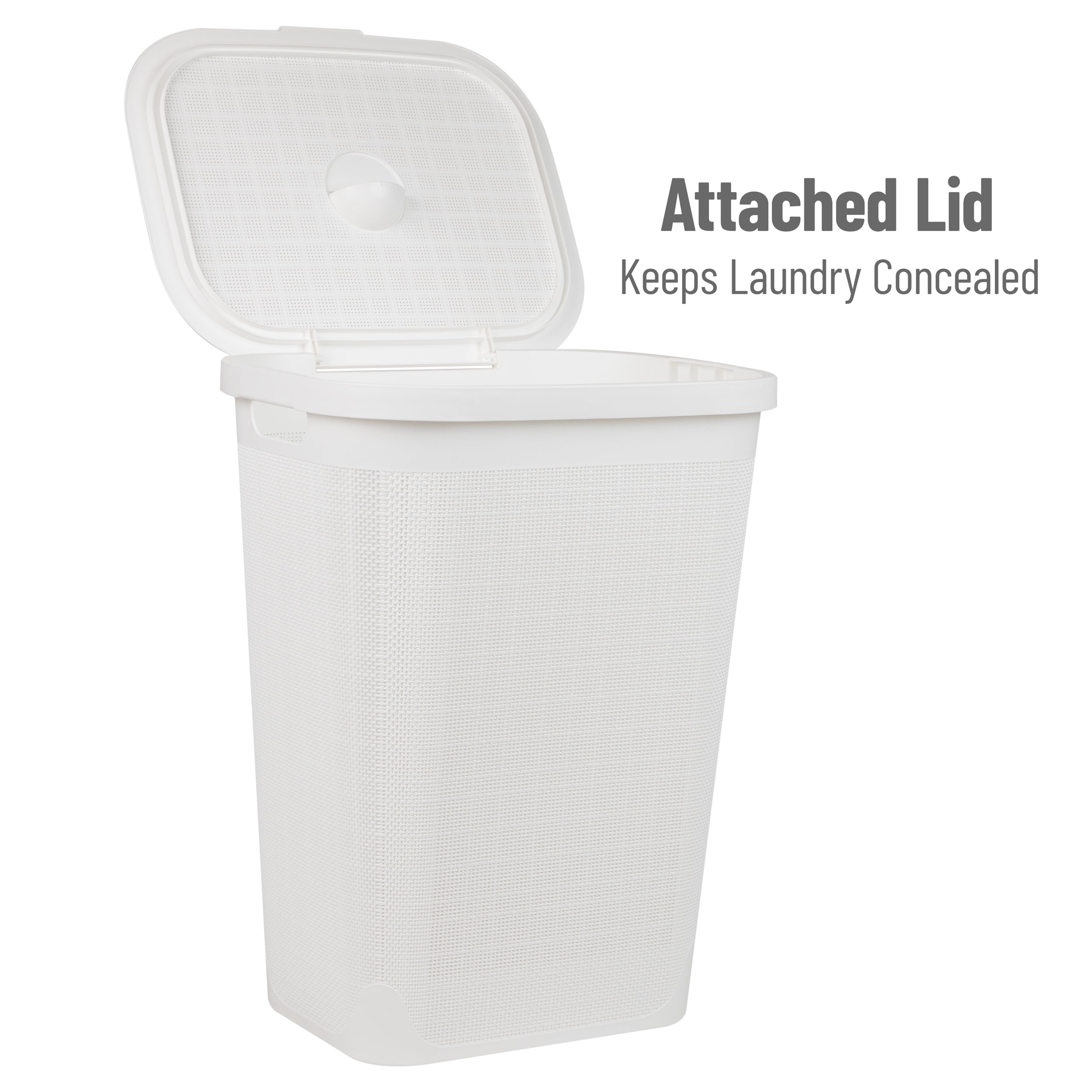 Mind Reader 60L Slim Laundry Hamper, Clothes Basket, Lid, Linen Design, Plastic, White