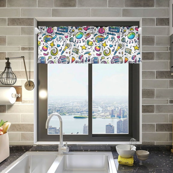 Yayeee Kitchen Valance Rod Pocket 54" x 18" Living Room Window Curtain, Blue Doodle Pattern
